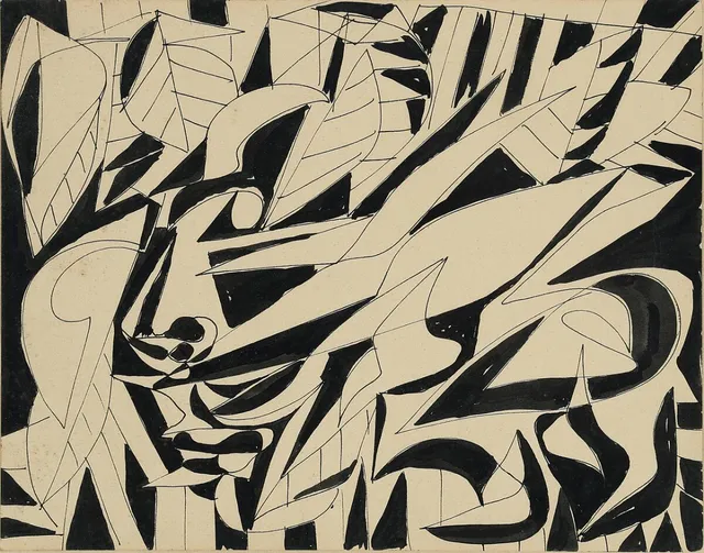Page from sketchbook “Ballet des Ombres”, 5–8/7 1938. Unsigned. Ink on paper. Sheet size 25 × 31 cm.