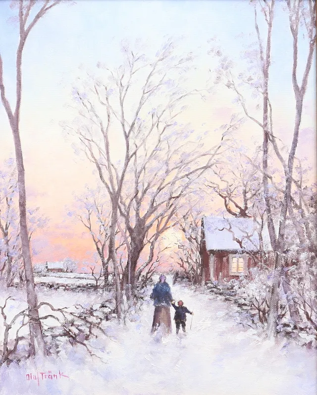 OLOF TRÄNK. "På hemväg vinterkväll, Öland". Olja på duk, signerad Olof Tränk, Dyestad.