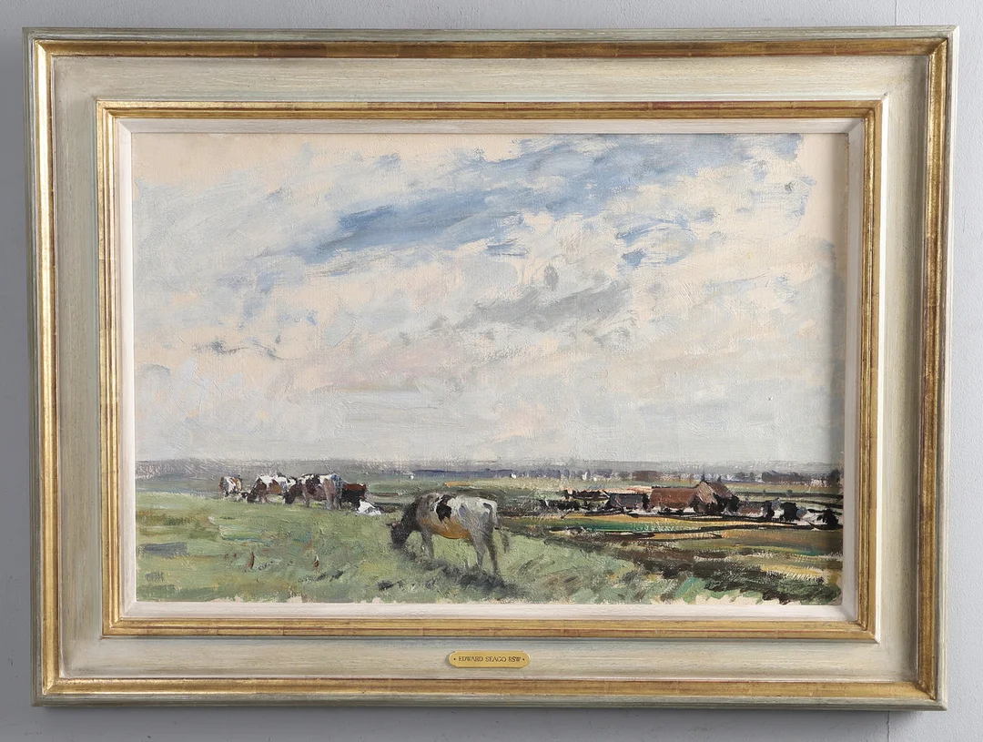EDWARD SEAGO RWS (1910-1974). 'CATTLE IN A NORFOLK LANDSCAPE'. — Paintings — Lawrences Auctioneers