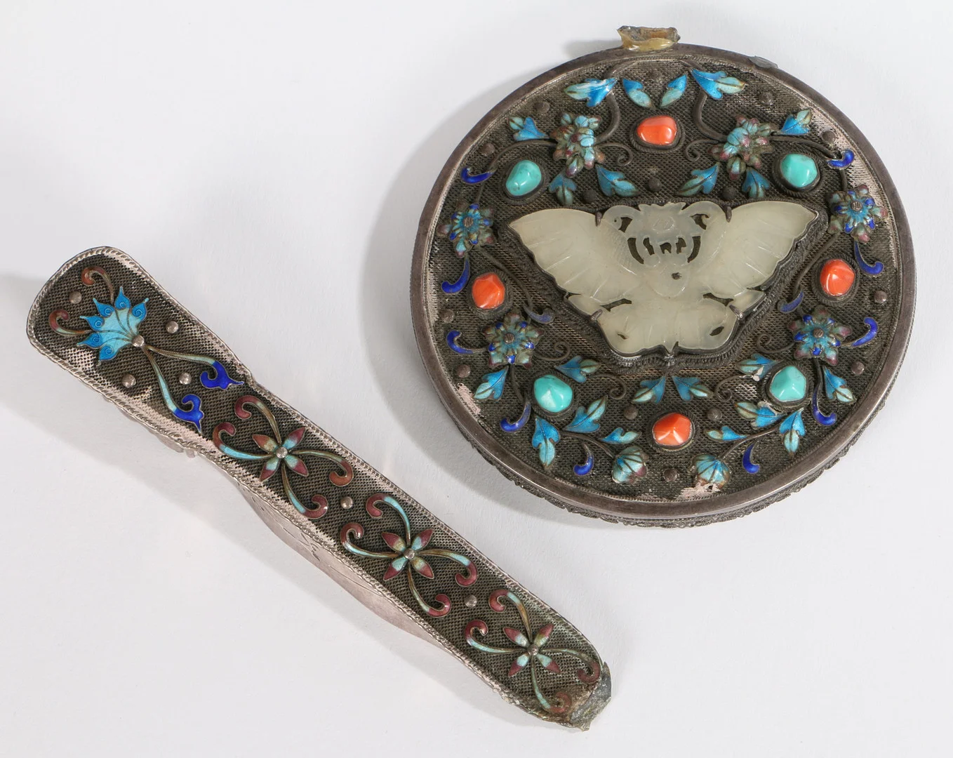 A CHINESE JADE, ENAMEL AND TURQUOISE SET HAND MIRROR. — Asiatica — Bishop & Miller