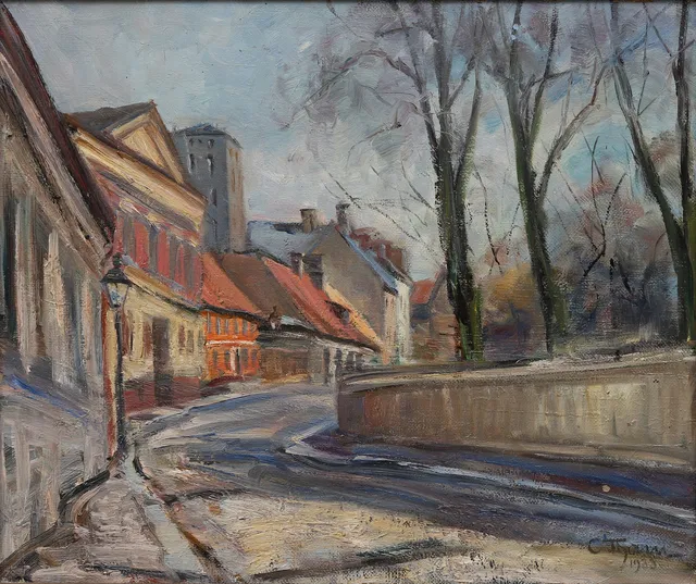 CARIN THAM. Motiv från Lund, olja på duk, signerad och daterad 1938.