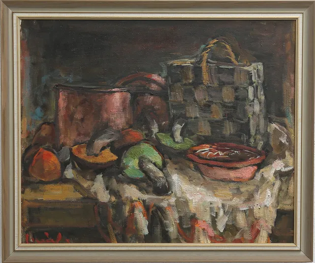 OLAVI LAINE. Stilleben, karljohansvampar, olja på duk, signerad.