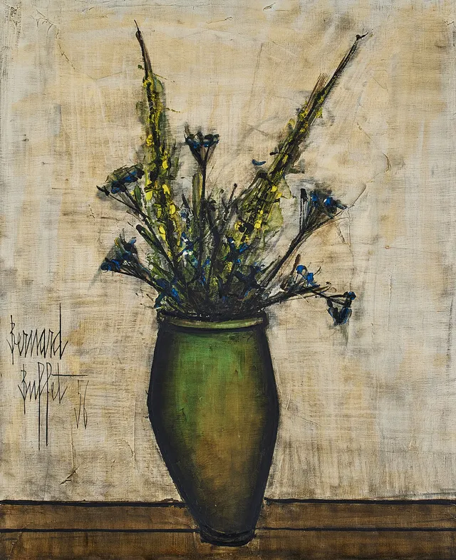 BERNARD BUFFET. "Fleurs dans un pot", 1956, olja på duk, 73 x 60 cm.