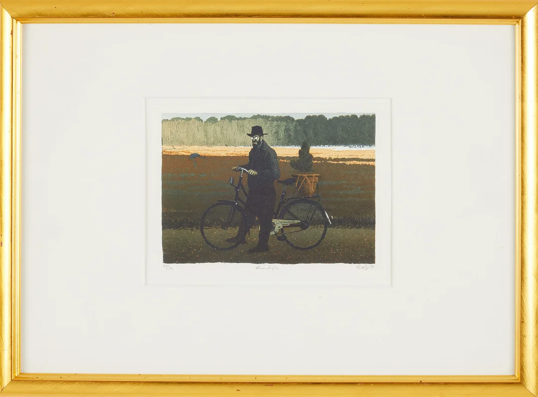 ESA RIIPPA. Man med cykel, etsning och akvatint, signerad, numrerad 39/70. — Engravings & Prints — Stockholms Auktionsverk Sickla
