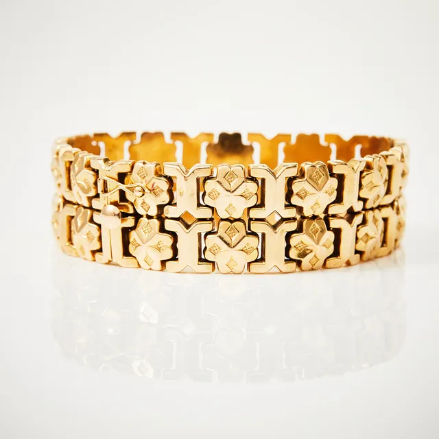 ARMBAND, 18 k guld, fantasilänk, stiliserade blomformationer, Italien/Vicenza, (1944-1968), svensk kontrollstämpel.
