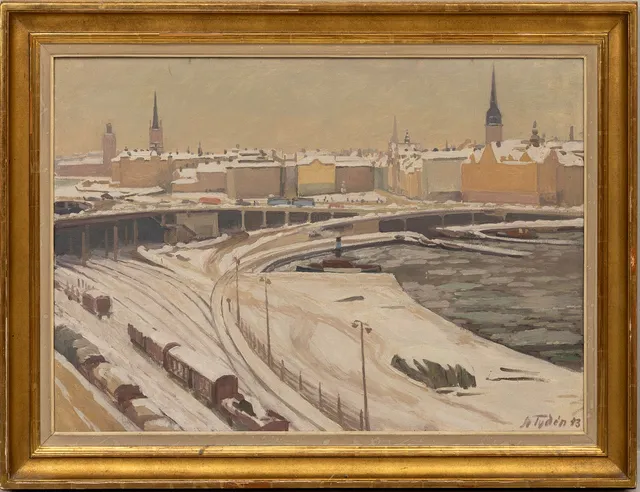 NILS TYDÉN. Vy mot Slussen från Södermalm på vintern, olja på duk, signerad, daterad 43.
