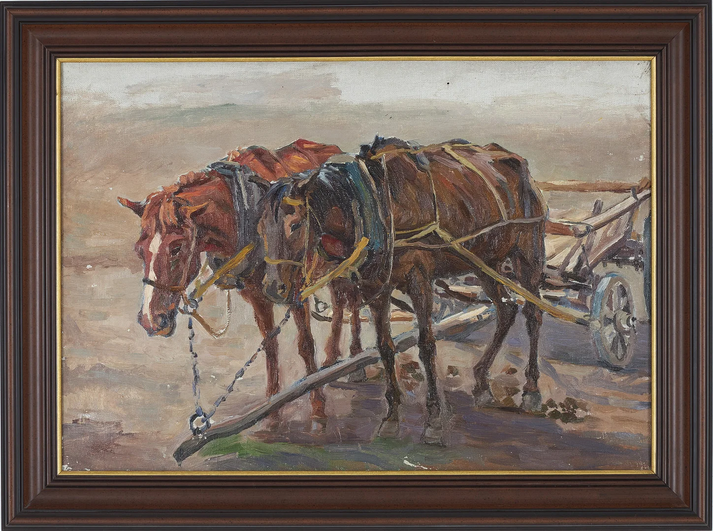OKÄND KONSTNÄR. Målning av hästar, "Hunger", olja på duk, Kazakstan enligt uppgift. — Paintings — Stockholms Auktionsverk Sickla