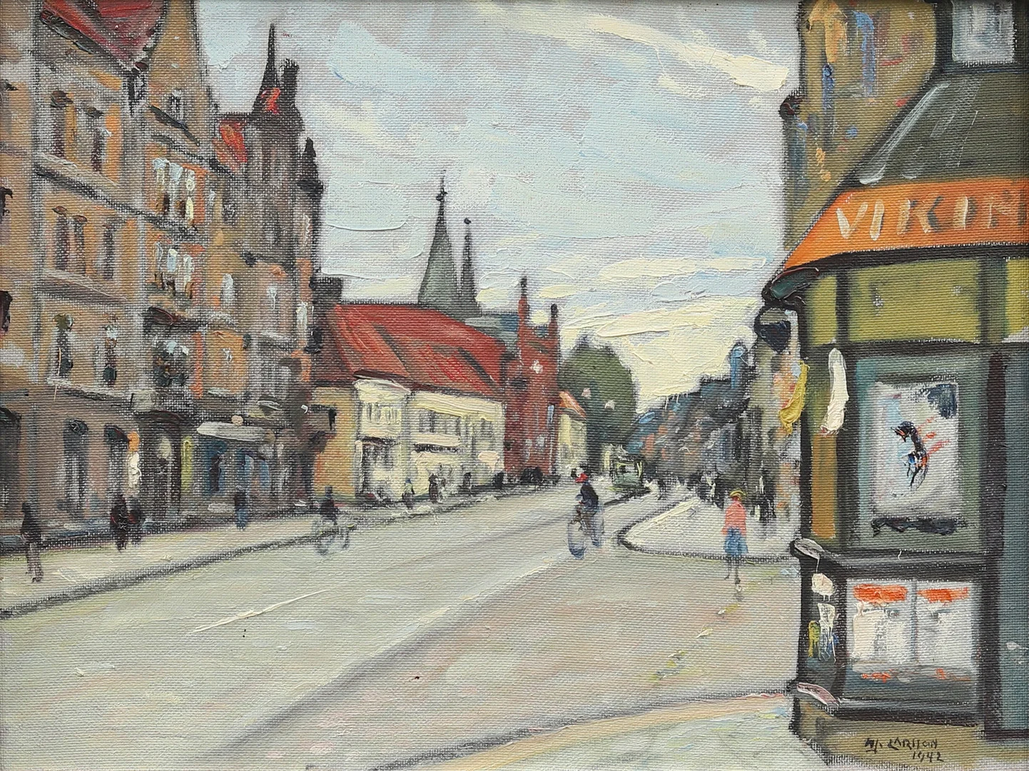 HJALMAR LARSSON (1881-1960). Motiv från Malmö, olja på pannå, signerad och daterad 1942. — Paintings — Garpenhus Auktioner