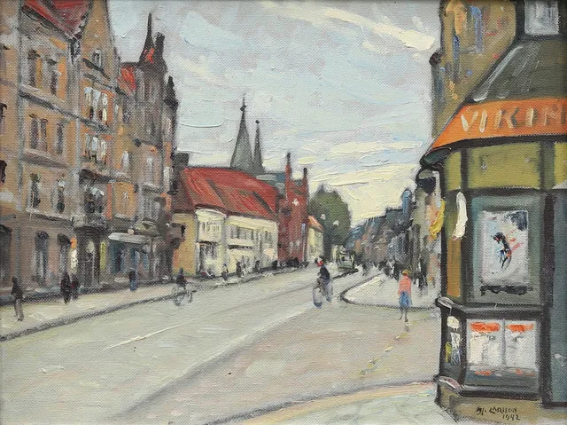 HJALMAR LARSSON (1881-1960). Motiv från Malmö, olja på pannå, signerad och daterad 1942.