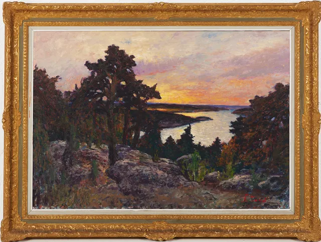 FRANS GARD. Landskap med tallar i aftonrodnad, olja på duk, signerad F. Gard.