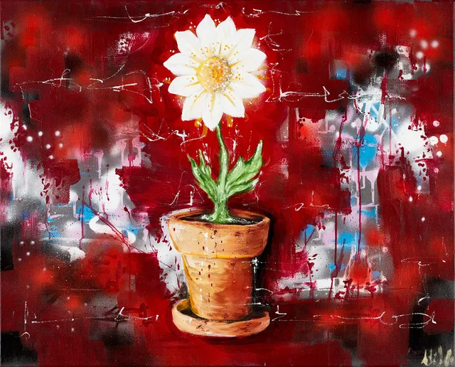 NIKI CASH (FÖDD 1973). Komposition med blomma, signerad Niki, mixed media/graffiti på duk.