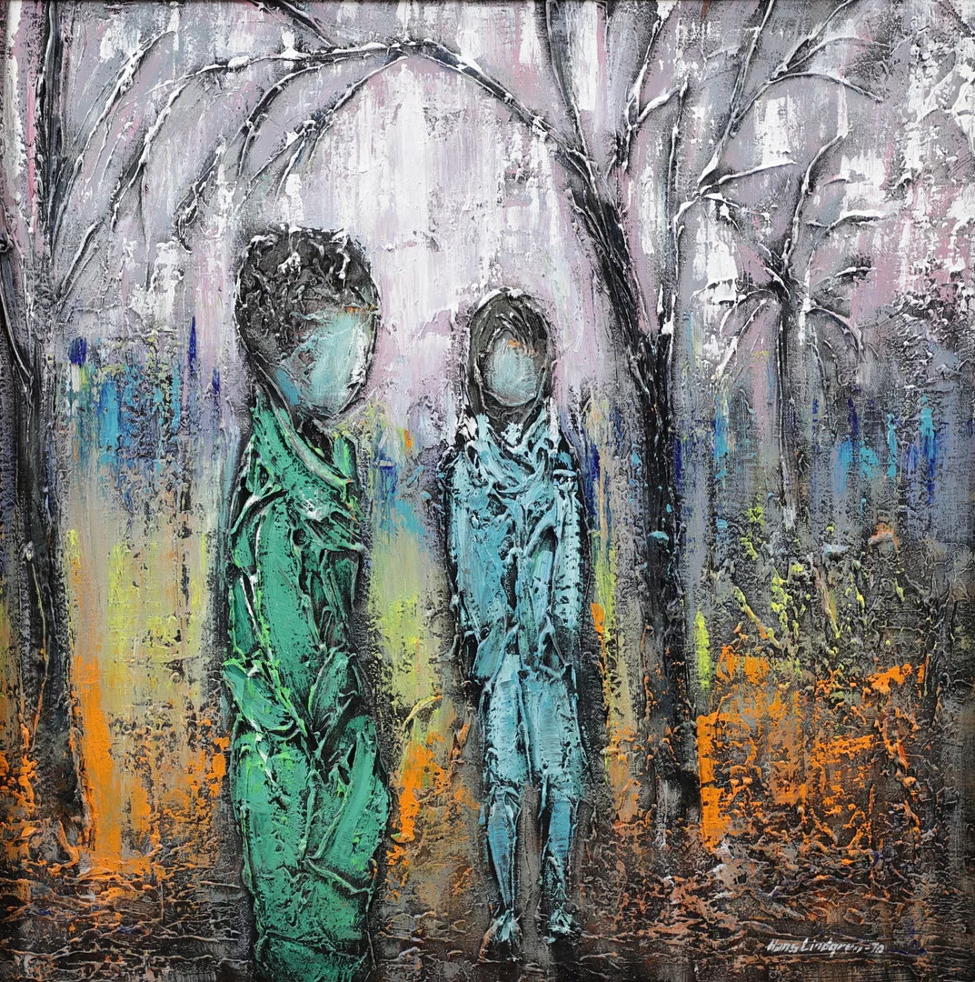 HANS LINDGREN. "Möte i höst". Olja på duk, signerad och daterad -70. — Paintings — Växjö Auktionskammare