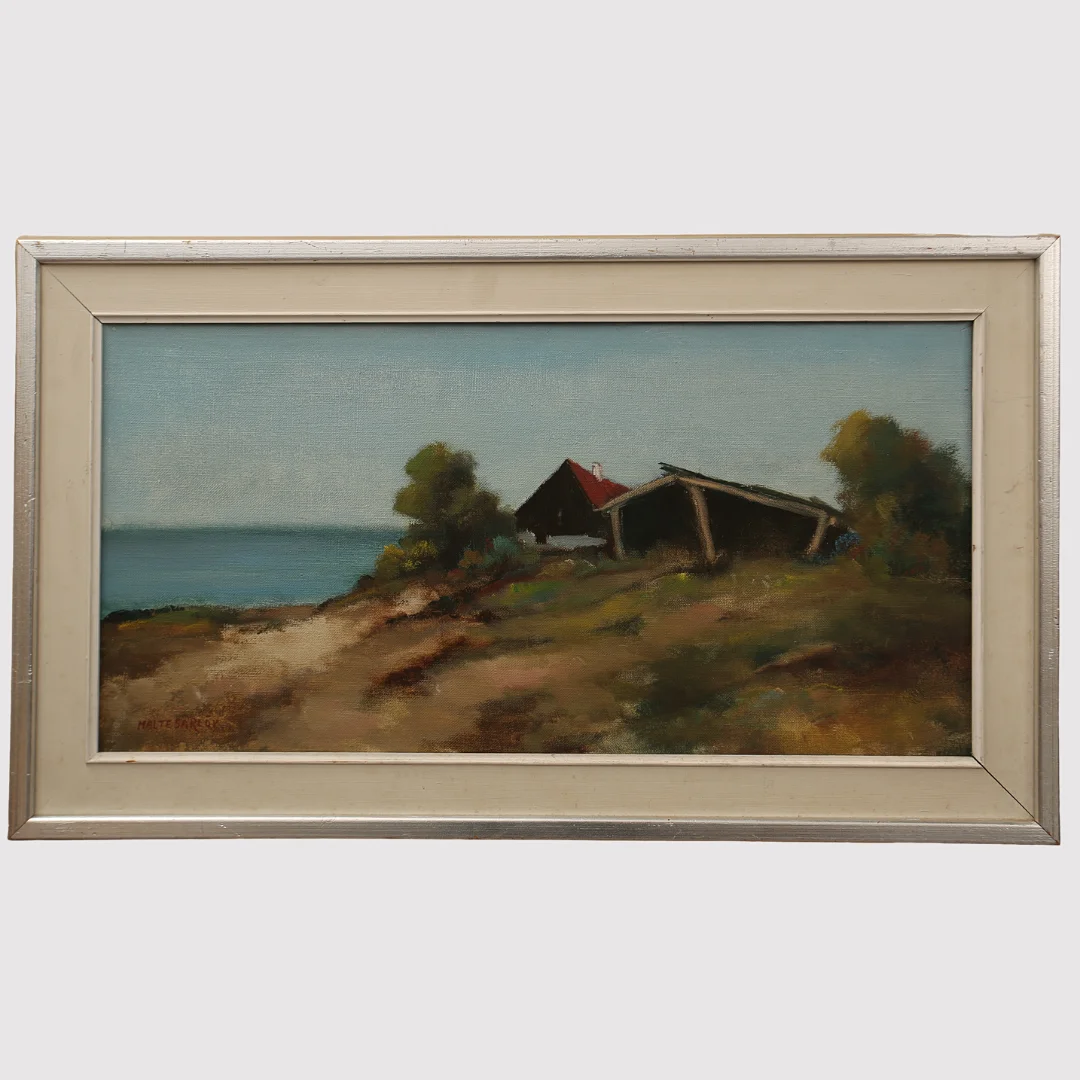 MALTE SÄRLÖV. , olja på duk, stuga vid havet. 1900-talets tredje fjärdedel. — Paintings — Limhamns Auktionsbyrå