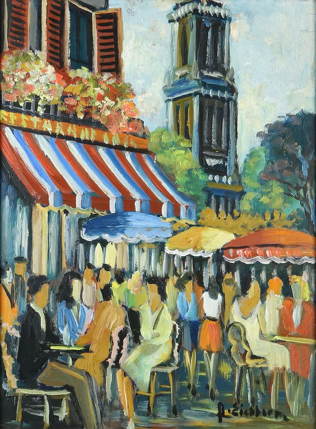 JACK EICHBORN. Café på torget, olja på pannå, signerad.