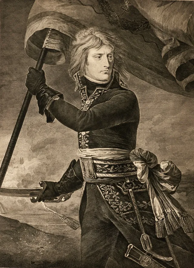 GIUSEPPE LONGHI (1766-1831), ”Bonaparte”, etsning och kopparstick 1798. Porträtt av General Napoleon Bonaparte vid slaget vid Arcole, efter Antoine Jean Gros.