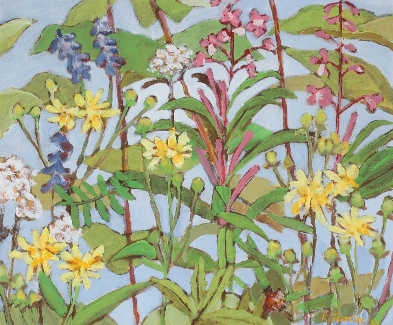 OIDENTIFIERAD KONSTNÄR. "Sommarblommor och sly vid hembyggdsgården, Hällnäset", olja på duk, signerad och daterad -84. — Paintings — Stadsauktion Sundsvall