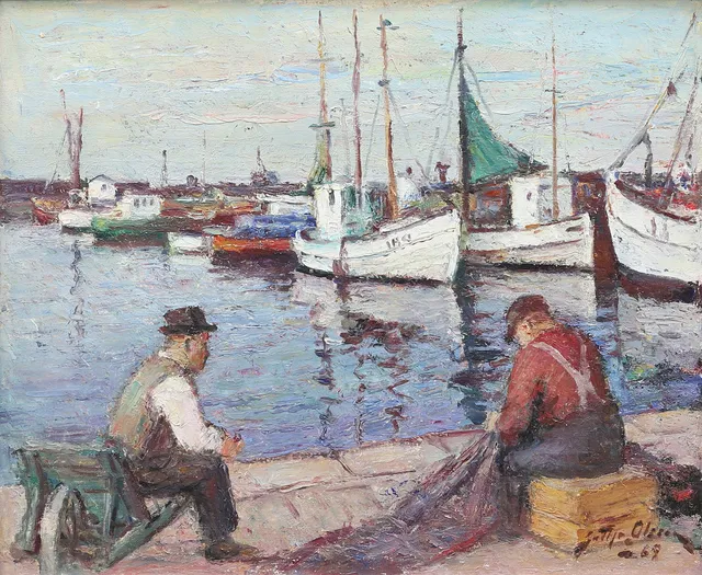 GOTTHARD OLSSON. Fiskerihamn, olja på pannå, signerad och daterad, Gotth Olsson -69.