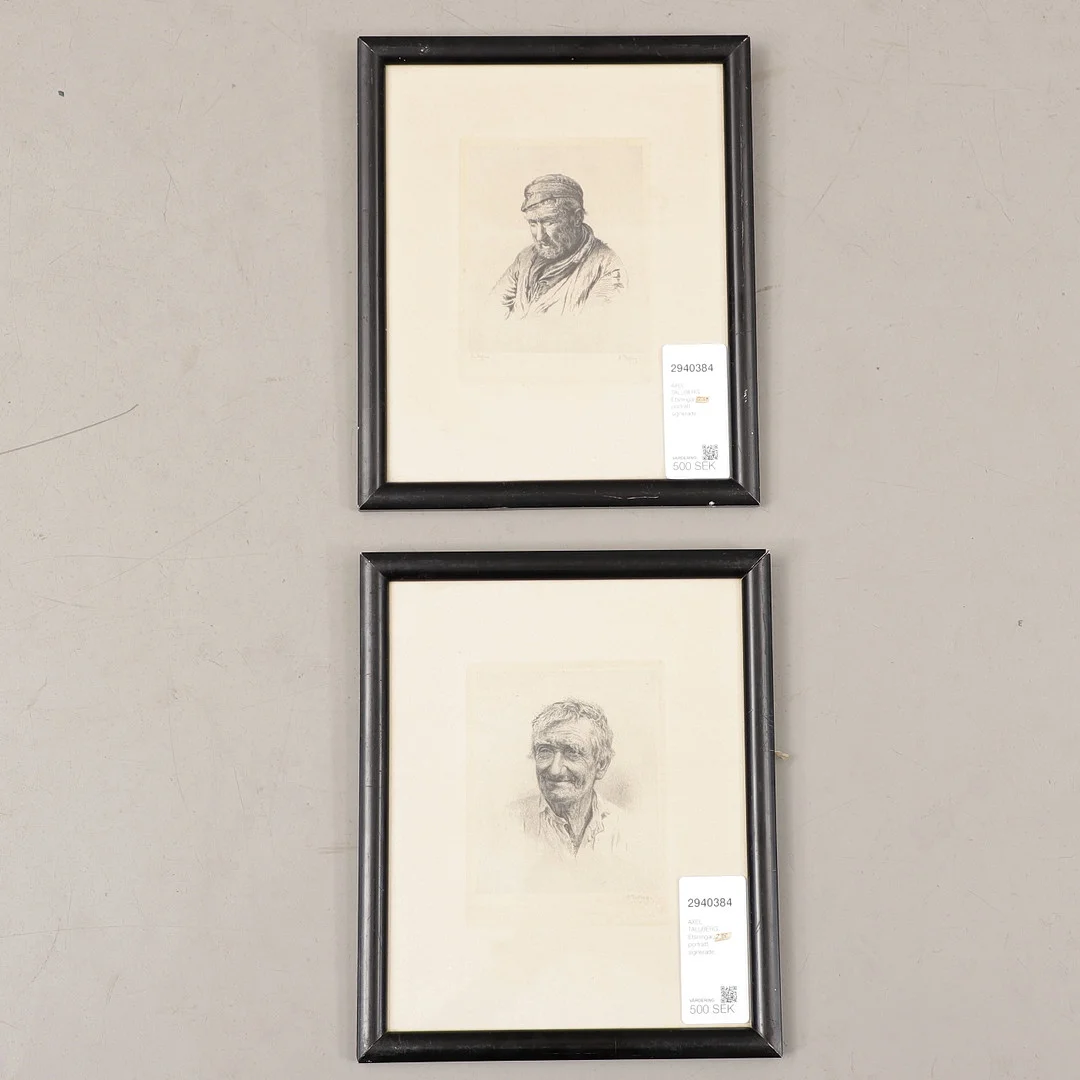 AXEL TALLBERG. Etsningar, 2 st, porträtt, signerade. — Engravings & Prints — Växjö Auktionskammare