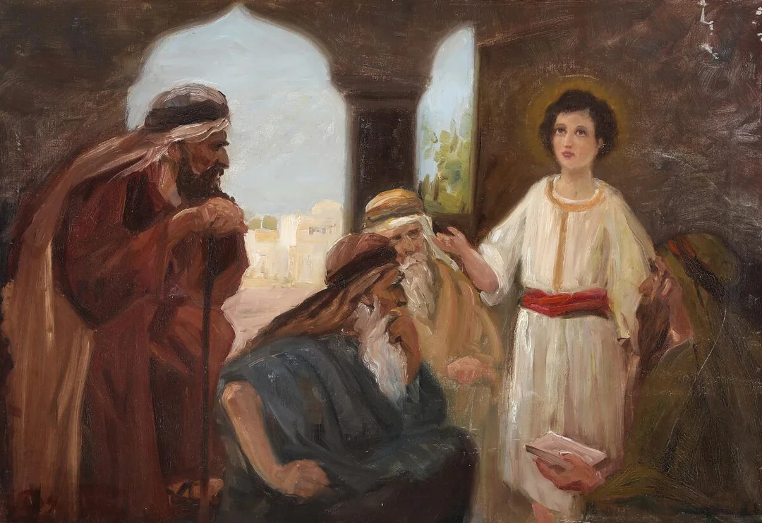 Jesus as a twelve year old in the temple among the Scribes. Signed L. T. 04. Oil on canvas. 47.5×69.5 cm. — Paintings — Bruun Rasmussen