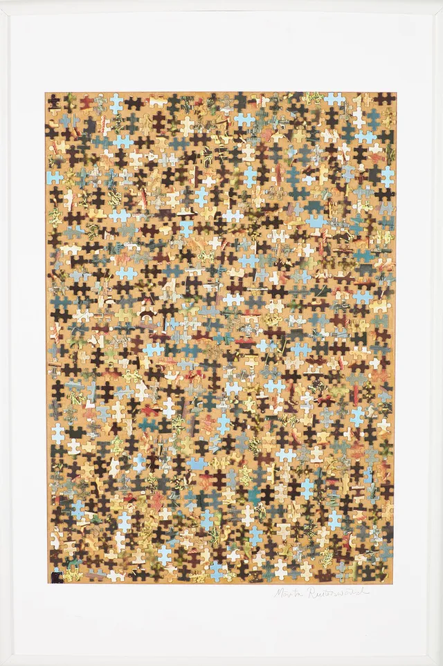 MÄRTA REUTERSWÄRD. "Life is a puzzle I", pannå med applikation i form av pusselbitar, signerad.