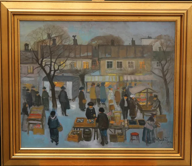 OVE PERSSON. Olja på duk, "Torghandel", signerad, daterad-76.