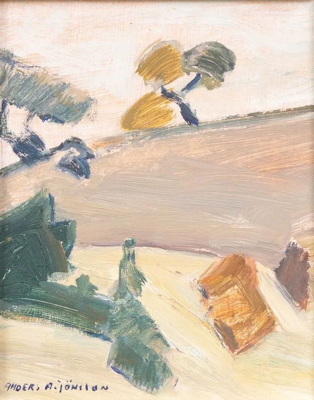 ANDERS A JÖNSSON (1907-2002). Träd i landskap, olja på pannå, signerad.