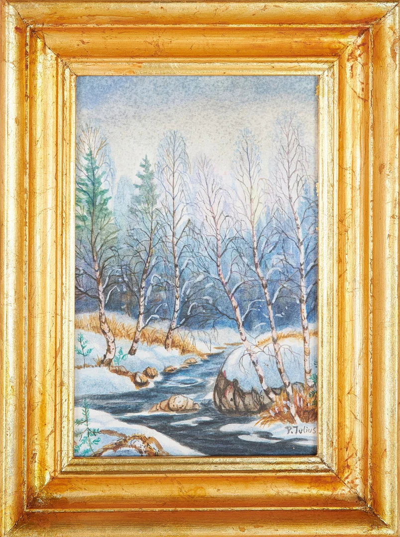 PER JULIUS. "Vinter Nordingrå", akvarell, signerad P. Julius. — Paintings — Stockholms Auktionsverk Sickla