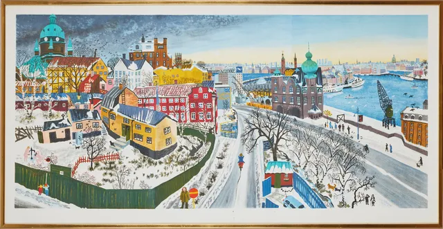 MONA HUSS WALLIN. "Slussen" (triptyk. Utsikt från Bror Marklunds ateljé, Glasbruksgatan 25).