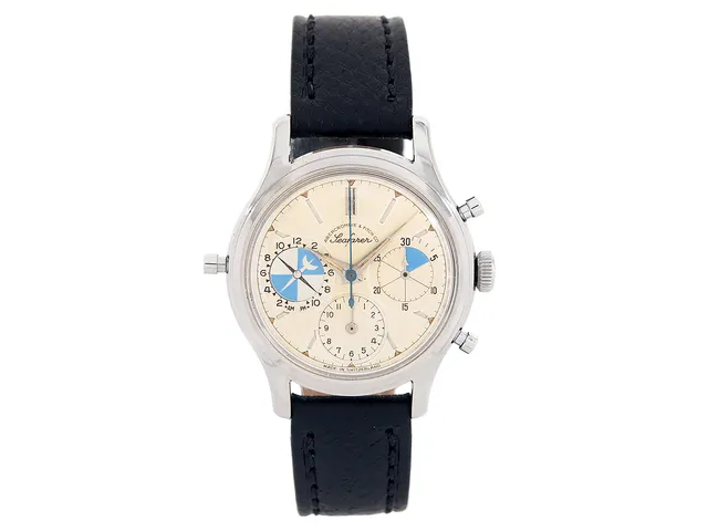 HEUER, Seafarer, Abercrombie & Fitch Co, "Second Execution Dial", Cal Valjoux 721, Serie nr. 456132, Ref nr. 2444, Boett nr. 42571, kronograf, herrur, 35,5 mm, stål, manuell, plexiglas, tidvattenvisare, boett signerad "Abercrombie & Fitch Co", gravyr, läderband, ca 1960.
