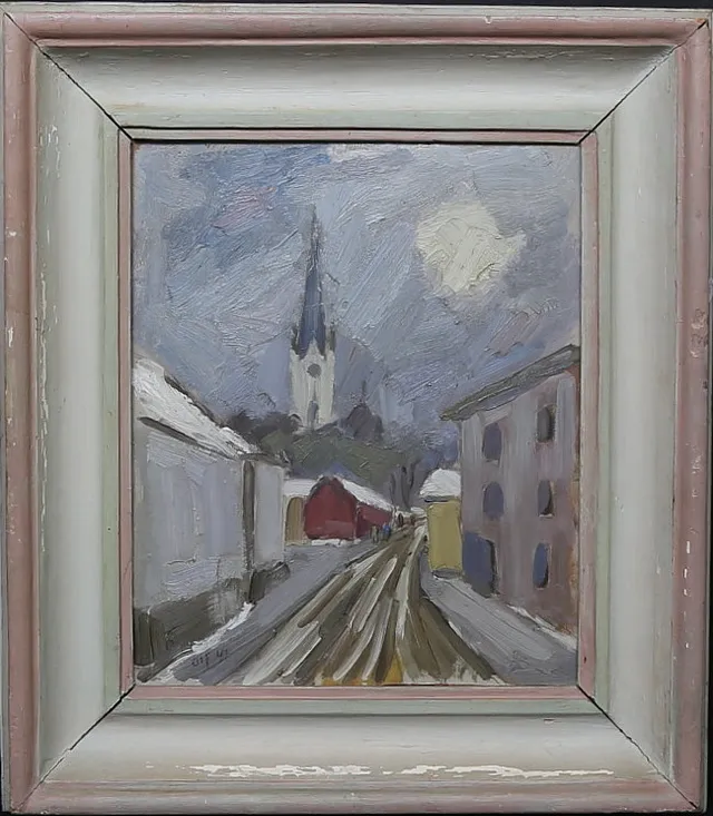 ALF GUSTAVSSON. Linköpings domkyrka. Olja på pannå, signerad Alf, daterad 47.