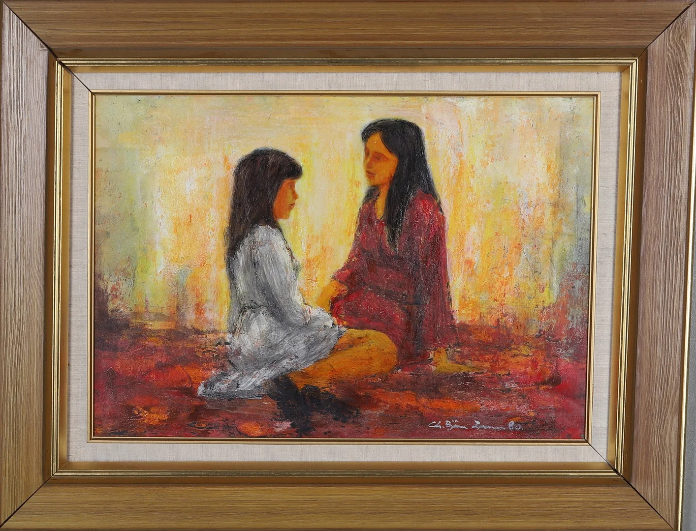 CHRISTIAN BJÖRN LARSEN. Olja på pannå, sittande flickor, figuralt motiv, signerad. — Paintings — Gomér & Andersson Norrköping