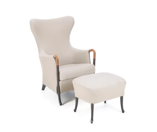 Umberto Asnago for Giorgetti. High-backed armchair with stool model 'Progetti' (2)