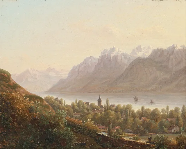 Ubekendt kunstner, sydeuropæisk bjerglandskab ved sø, olie på plade, 1800 tallet.