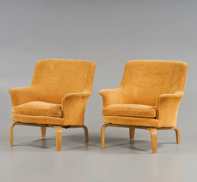 ARNE NORELL. Fåtöljer 1 par "Pilot" Orange/brun textilklädsel, Norell Möbel AB, 1960/70-tal.