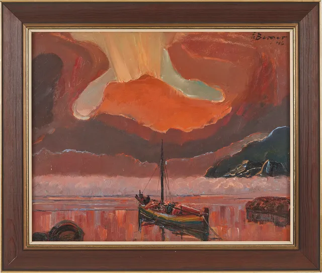 EINAR BERGER (1893-1960). Båt i skymningsljus, olja på pannå, signerad, daterad -46.