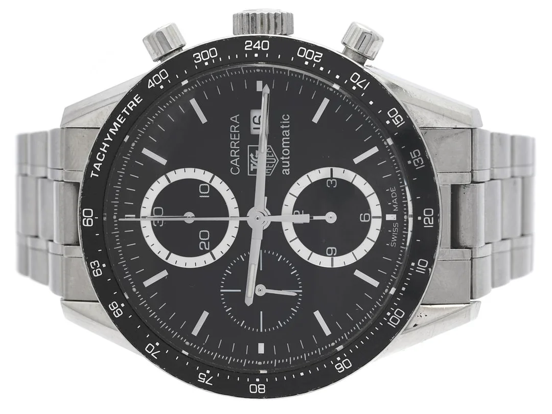 TAG HEUER, Carrera, "Tachymetre", Cal 16 (ETA 7750), Serie nr. VL8722, Ref nr. CV2010.BA0786, Boett nr. CV2010, kronograf, herrur, 41 mm, stål, automatisk, safirglas (nagg), datum, defekt (se fördjupad information), glasbaksida, originallänk, viklås, Ref nr. FAA018-Y-R3/3101 Y, cert, augusti 2006, box, ytterkartong. — Klockor/Tag Heuer — Kaplans