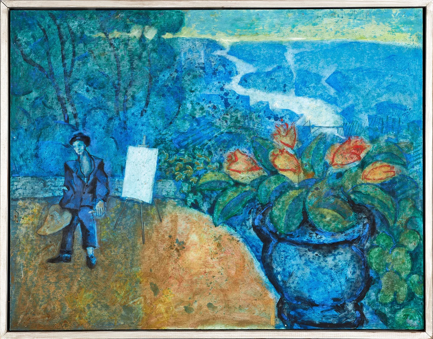 JUSSI TAIPALEENMÄKI. "Blåmålaren", olja på pannå, monogramsignerad samt signerad och daterad a tergo. — Paintings — Crafoord Auktioner Stockholm