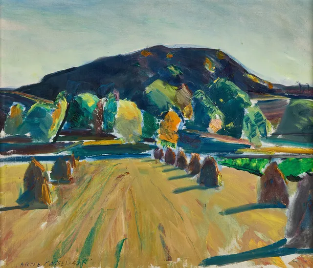 ARNE CASSEL (1898-1965), Sommarlandskap med höhässjor, signerad och daterad ARNE CASSEL -47, olja på duk.