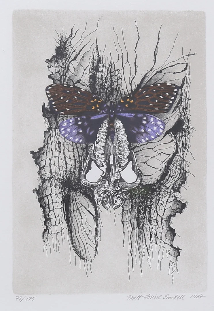 BRITT-LOUISE SUNDELL. (1928-2011). Surrealistisk fjäril, litografi nr 78/175, signerad och daterad 1987. — Engravings & Prints — Auktionshuset Thelin & Johansson