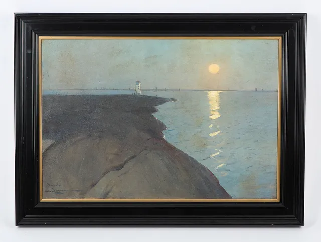 ARVID JOHANSSON (1862-1923). Månsken vid kusten, signerad, märkt Suede, olja på duk.