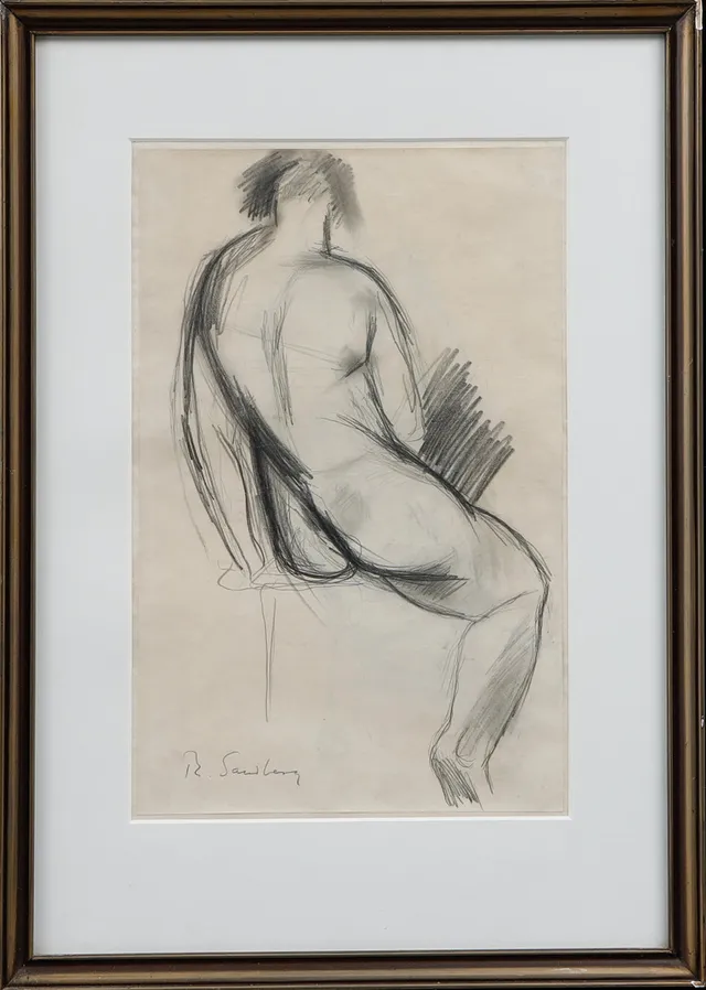 RAGNAR SANDBERG. Modellstudie. Kolteckning, signerad.