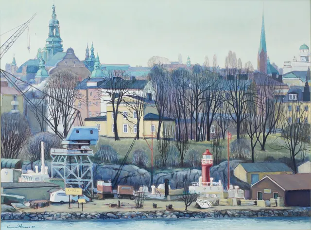 GUNNAR STÅLBRAND. Motiv över Djurgården, olja på pannå, signerad, 1982.