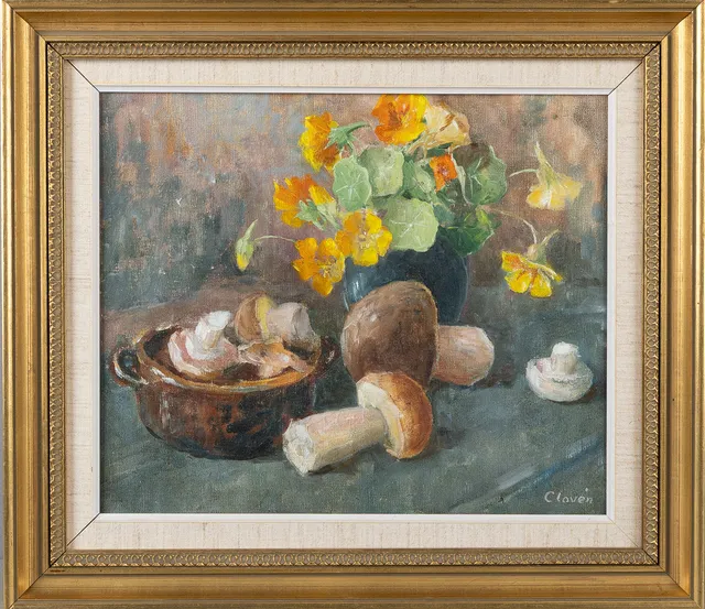 GUNNAR CLOVÉN (1908-1995. Stilleben med svamp och luktärt, olja på duk.