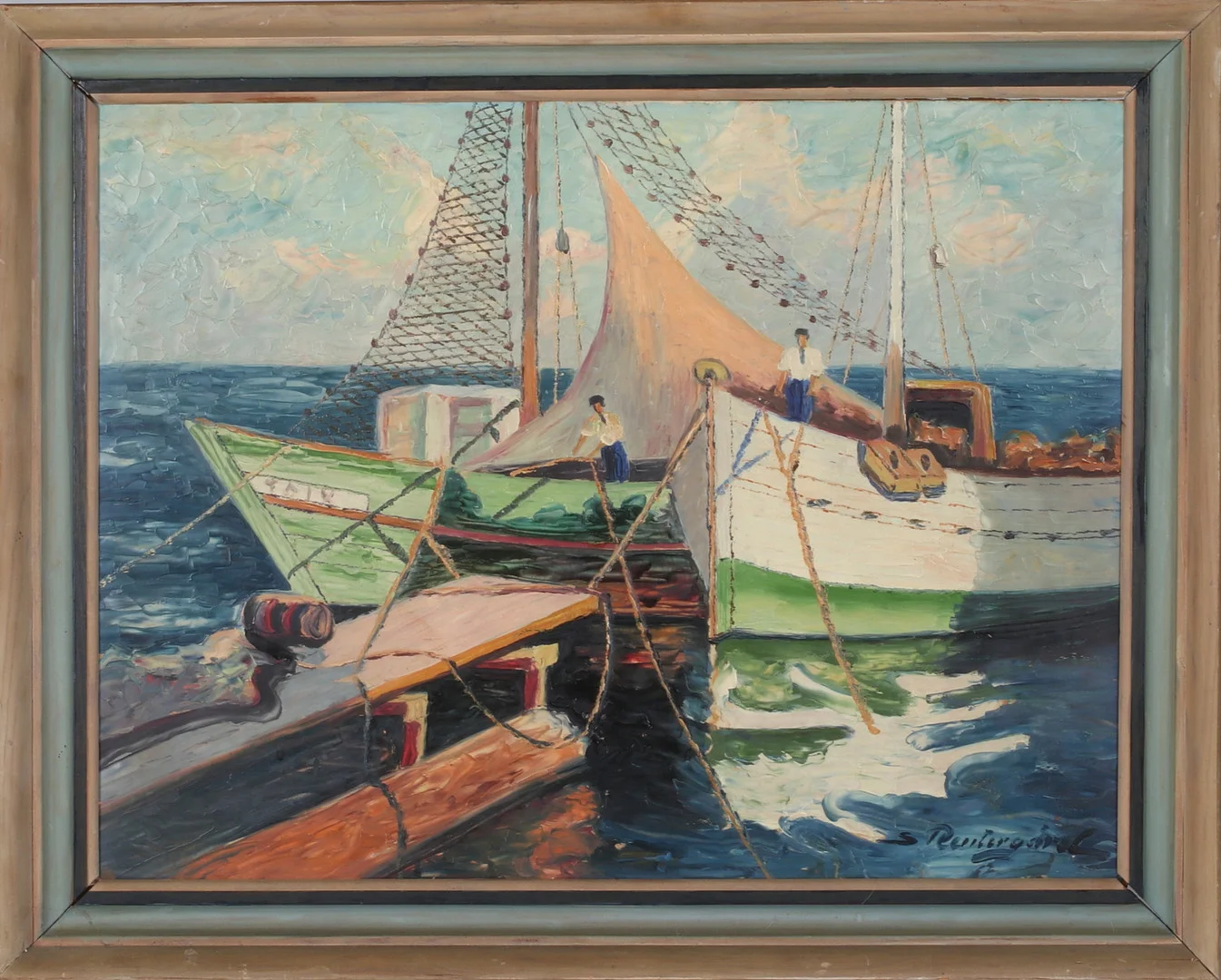 JAN SIGFRID ALFONS CARLSSON. Fiskebåtar, olja på pannå, signerad S. Reutergård. — Paintings — Stadsauktion Sundsvall