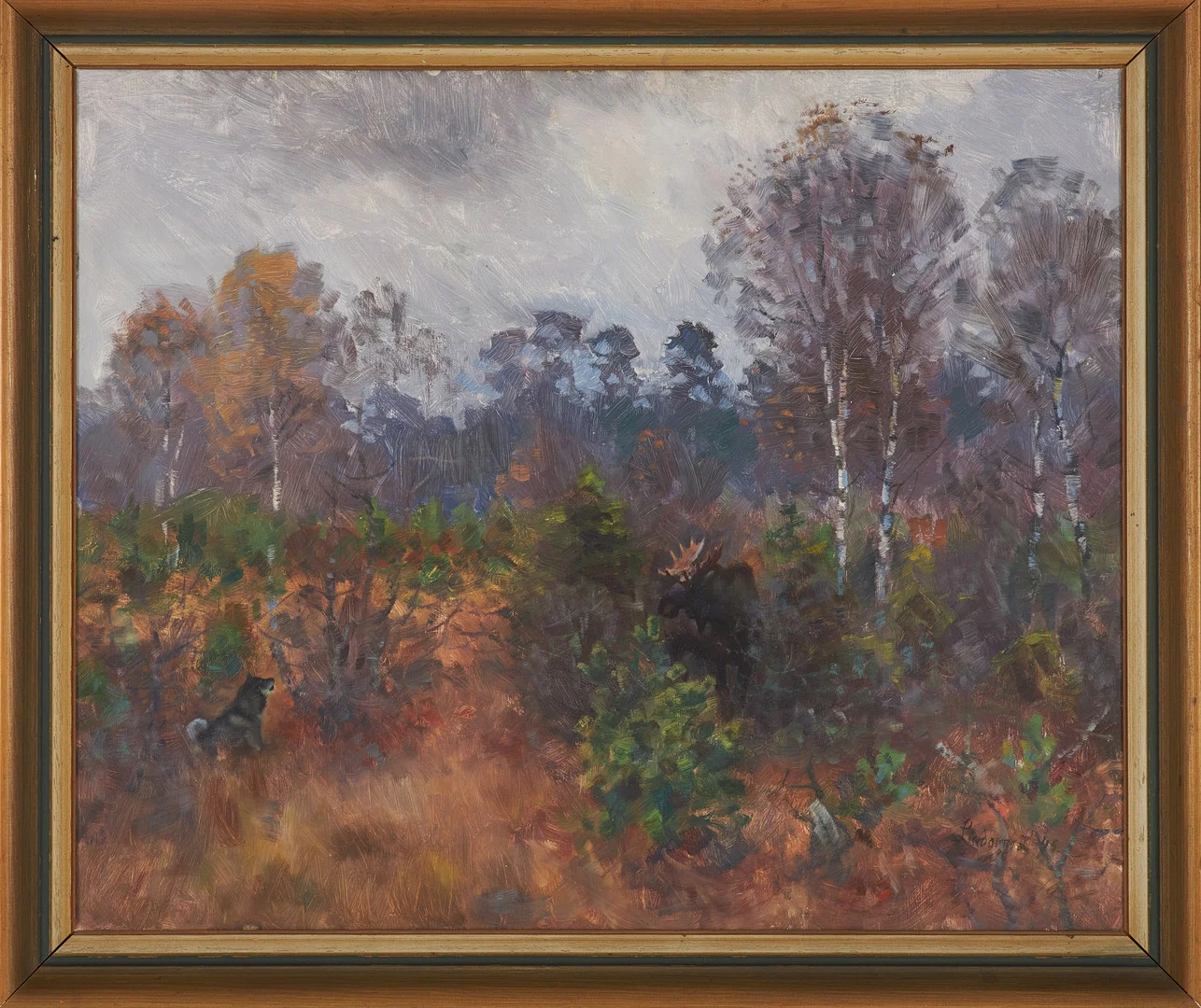 LINDORM LILJEFORS. Jaktscen med älg, signerad Lindorm. L, daterad -45, olja på pannå. — Paintings — Stockholms Auktionsverk Sickla