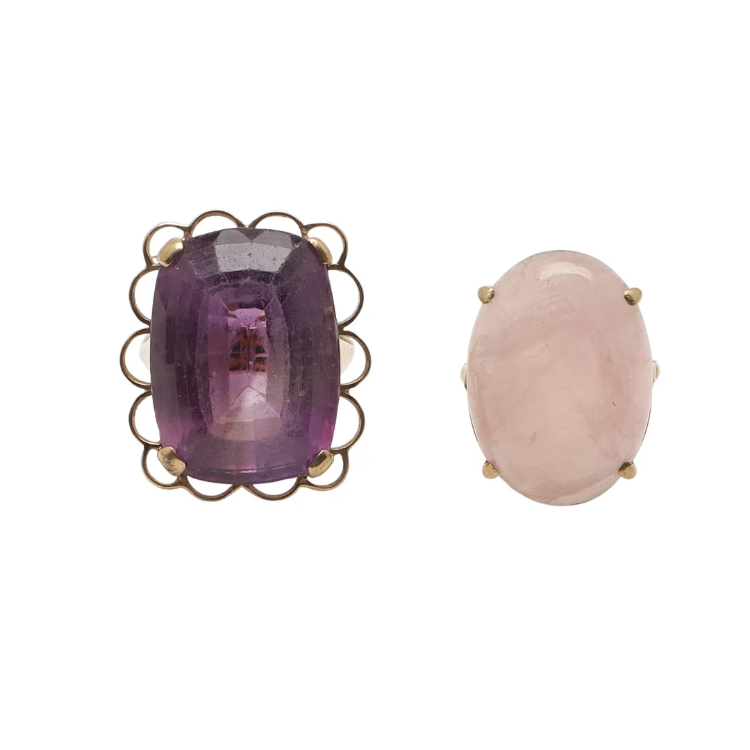 A 9CT GOLD AND AMETHYST DRESS RING AND A 9CT GOLD AND ROSE QUARTZ RING. — Rings — Lawrences Auctioneers