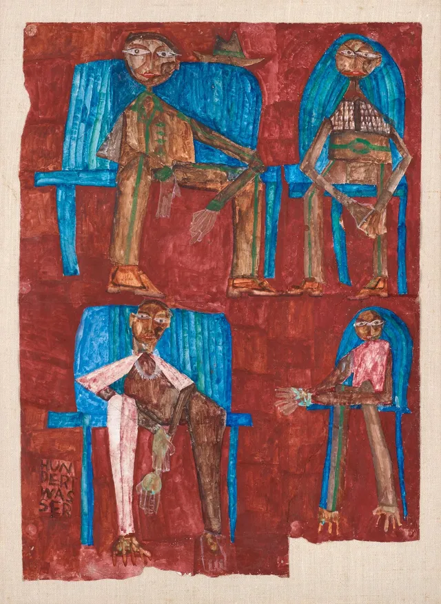 Friedensreich Hundertwasser, "Vier männer auf sesseln - brouner hintergrund".