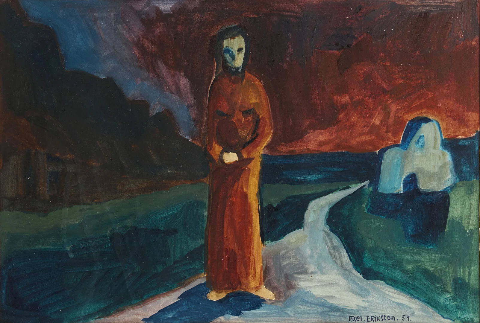 AXEL ERIKSSON (1921-2010). Vandrande kvinna, signerad och daterad -54, olja på papper. — Paintings — Crafoord Auktioner Stockholm