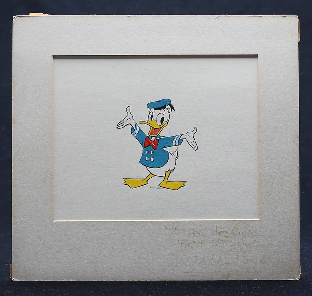 WALT DISNEY. Kalle Anka, gouache och tusch, Walt Disney studio, USA, autograf med personlig dedikation från Walt Disney.