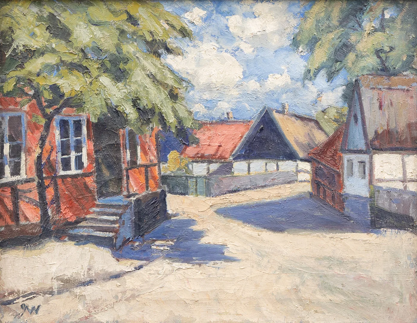 OIDENTIFIERAD KONSTNÄR. Gatumotiv, olja på duk, otydligt signerad. — Paintings — Garpenhus Auktioner